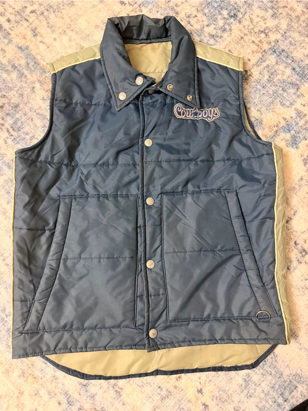Vintage 70s Sears Dallas Cowboys Puffer Vest Navy Blue Quilted Snap Front XL